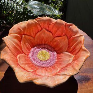 Pier 1 Imports Earthenware Flower Bowl, Orange Floral Design, 2000s Home Decor